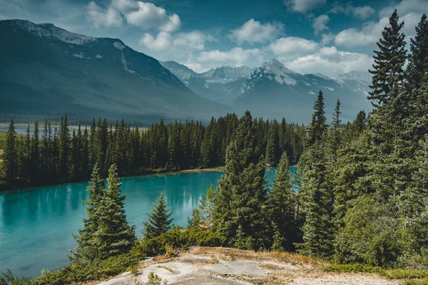 Όμορφο μπλε τόξο κοίτη ποταμού με τα βουνά στο φόντο και το δέντρο και foreast σε πρώτο πλάνο. — Φωτογραφία Αρχείου