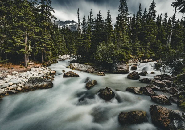 Long Exposure of Illecillewaet river with Mount Sir Donald Glacier National Park Canadá . — Fotografia de Stock