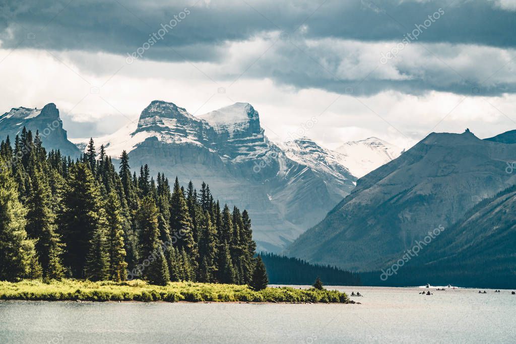 Grand Panorama of Surrounding Peaks at Maligne Lake, Jasper National Park.