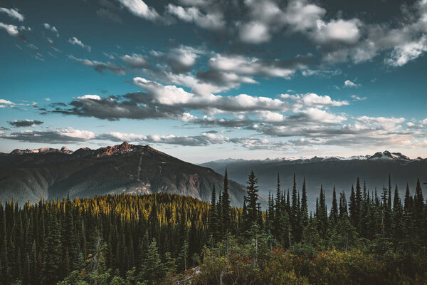 Sunset View from Mount Revelstoke across forest with blue sky and clouds. British Columbia Canada.