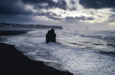 Ünlü siyah kum Beach Reynisfjara İzlanda'daki güneş doğarken. Rüzgarlı sabah. Okyanus dalgaları. Renkli gökyüzü. Sabah günbatımı.