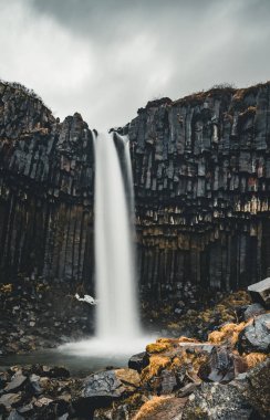 Ünlü Svartifoss siyah sonbahar şelale görünümünü dramatik sabah. Skaftafell, Vatnajokull Milli Parkı, İzlanda, Avrupa'nın renkli yaz gündoğumu. Tarzı yazı işlenmiş fotoğraf.