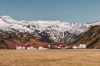 Kırmızı çatı South Iceland'deki / daki küçük köy dağlarda karşı beyaz ile tipik İzlanda manzara evleri.
