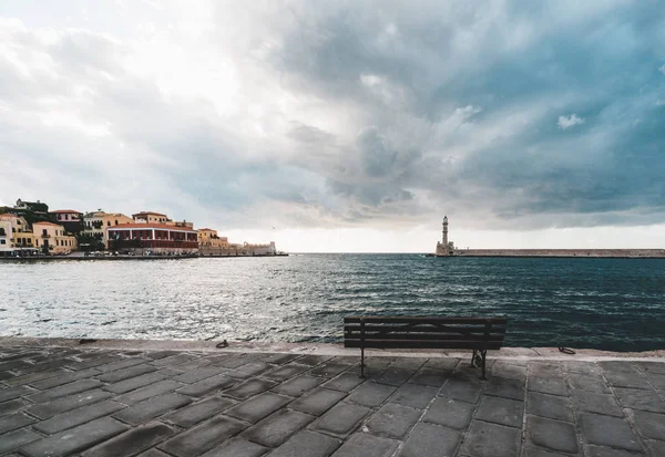 Panorama venetian harbour waterfront and Lighthouse in old harbour of Chania at sunset, Crete, Greece — Stock Photo, Image