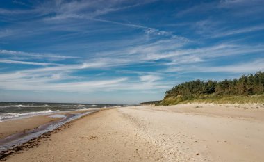 Kumlu plajı ile Litvanya kıyı sahne, dunes marram çim ve mavi gökyüzü ile bir açık yaz gününde kaba deniz kıyı alanında.