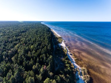 Drone görüntü. deniz Beach havadan görünümü kırmızı günbatımı. sahil hattı. toz - retro vintage Baltık denize bakmak