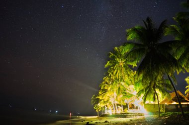 Gece gökyüzü yıldız evi ve palmiye ağaçları ile plaj üzerinde