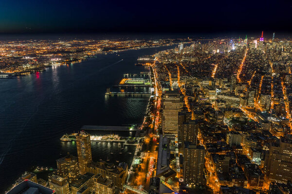 Photo taken in New York USA, August 2017: New York Skyline Cityview Midtown Manhatten Night from World Trade Center Freedom Tower