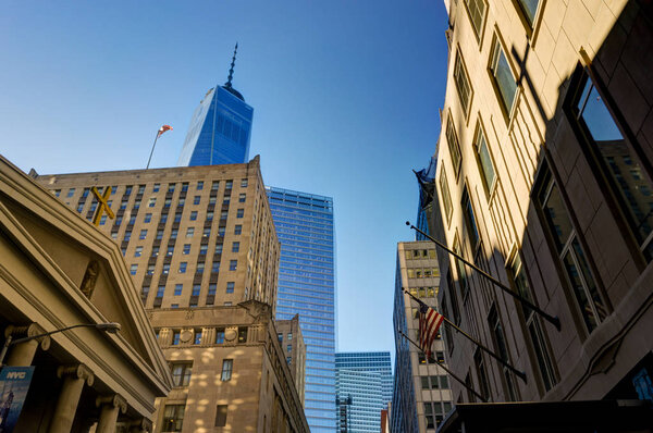 Photo taken in New York USA, August 2017: New York Skyscraper Skyline View Megacity Twilight World Trade Center