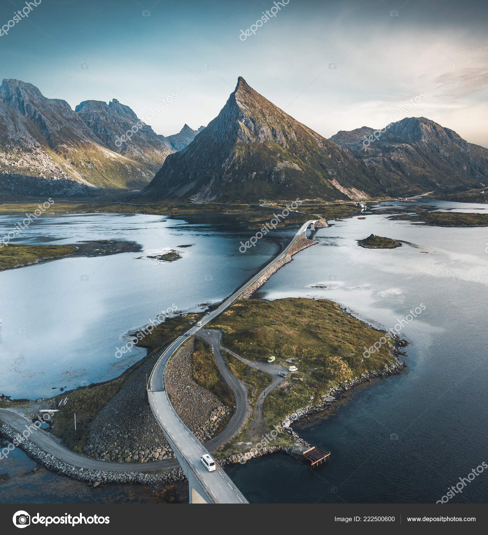 The Stunning Fredvang Bridges In Lofoten Islands Norway Seen From A Drone Aerial They Connect The Fishing Village Of Fredvang On Moskenes Ya Island With The Neighboring Island Of Flakstad Ya Stock