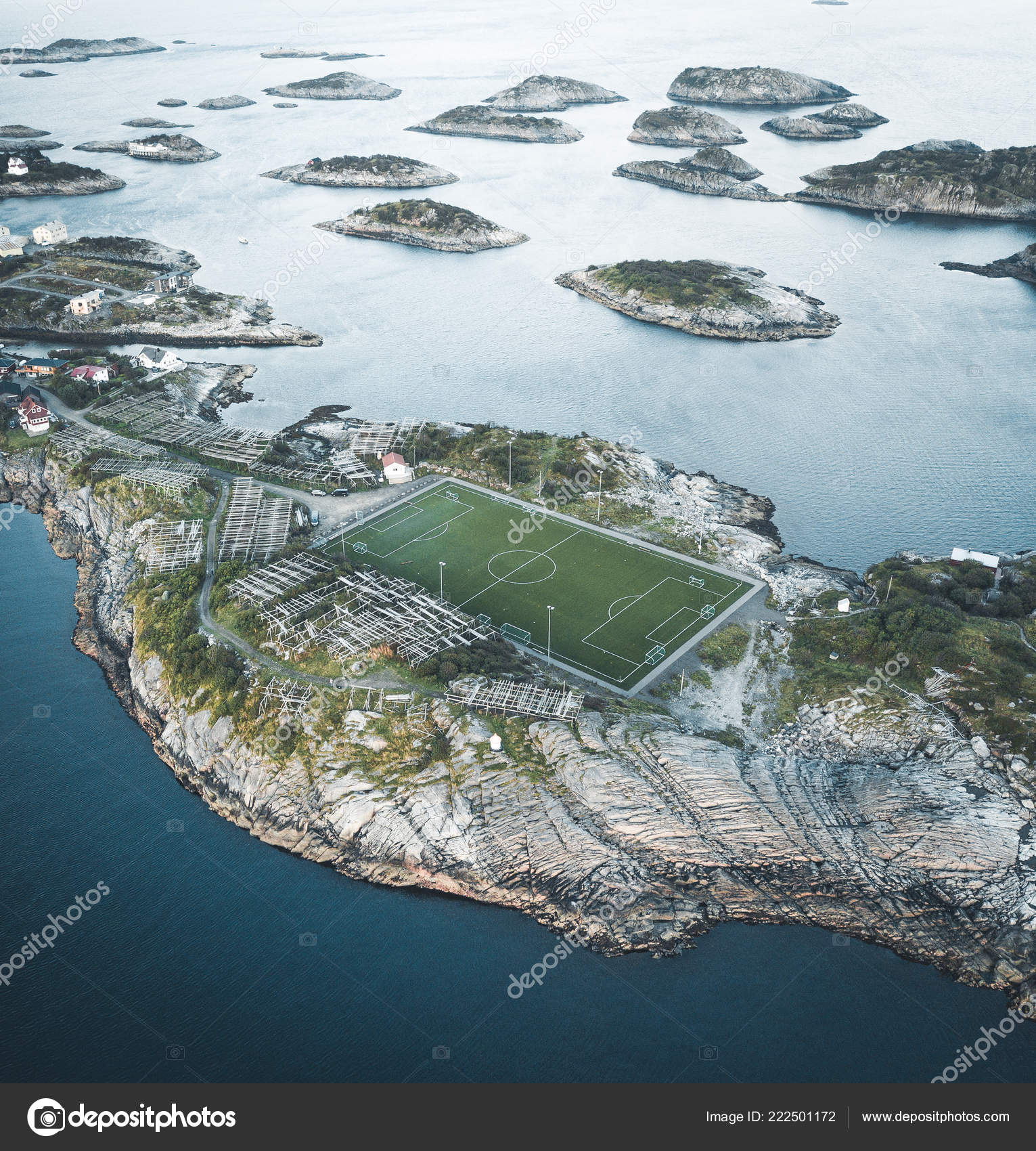Football field stadium in Henningsvaer from above ...