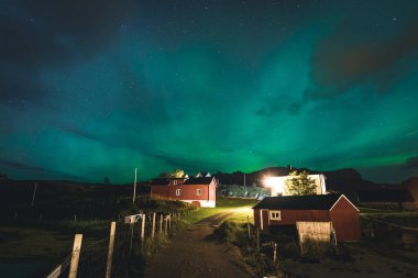 Aurora Norveç, Lofoten Adaları evde geleneksel kırmızı fisher üzerinde. Kuzey ışıkları Lofoten Adaları, Norveç. Yıldızlı gökyüzü Kutup ışıkları. Gece manzarası ile yeşil aurora borealis, kayalar