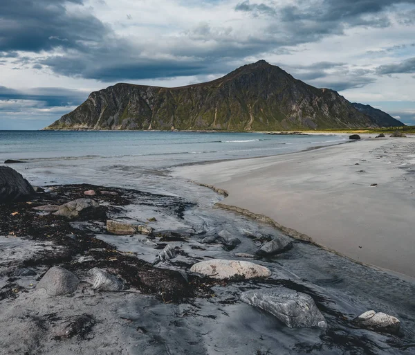 Stenar på stranden av fjorden av Norska havet på vintern med snö. Skagsanden beach, med blå himmel och moln i Lofoten öarna, Norge — Stockfoto