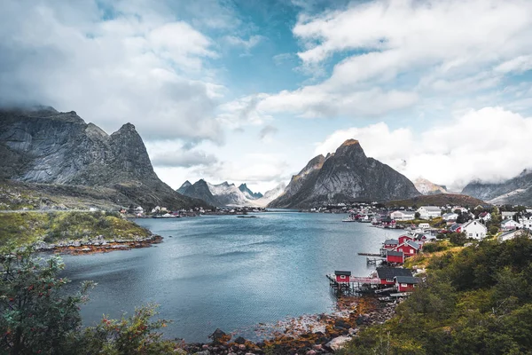 Paysage Village Pêcheurs Reine Avec Fjord Reine Coucher Soleil Avec — Photo
