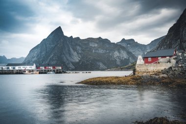 Kırmızı rorbu ile Reine Lofoten, Norveç'in ünlü turistik evler, bulutlar, köprü ve çim ve çiçek ile yağmurlu gün.