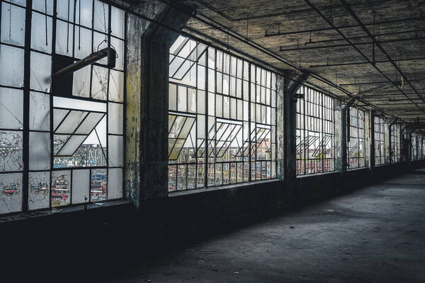 Interior view of the abandoned Fisher Body Plant factory in Detroit. The plant is abandoned and vacant ever since. Photo taken in Detroit.