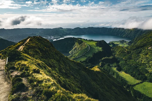 Landscape of Sete Cidades from Mirador da Boca do Inferno at sunset with lagoa de Santiago, Sao Miguel, Azores Islands, Portugal — Stock Photo, Image