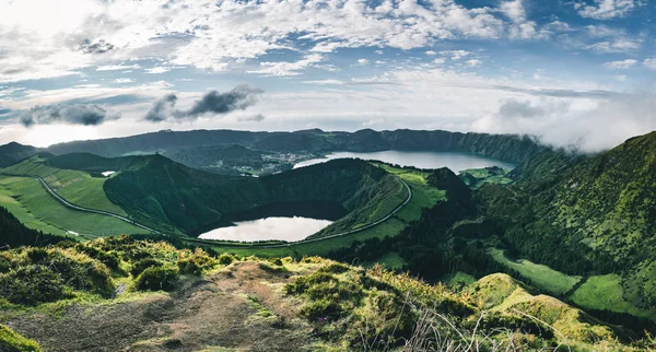 Landscape of Sete Cidades from Mirador da Boca do Inferno at sunset with lagoa de Santiago, Sao Miguel, Azores Islands, Portugal — Stock Photo, Image