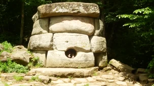 Turis, menjelajahi dolmen kuno, mengambil foto di telepon untuk jejaring sosial. Pemandangan kuno dolmen bangunan antara pohon, 4k. blur latar — Stok Video