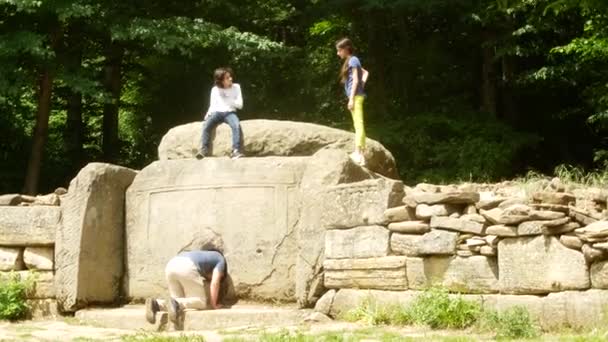 Τουρίστες, εξερευνώντας αρχαία dolmen, τραβάτε φωτογραφίες με το κινητό για τα κοινωνικά δίκτυα. Άποψη του αρχαίου κτηρίου dolmen ανάμεσα στα δέντρα, 4k. θάμπωμα του φόντου — Αρχείο Βίντεο