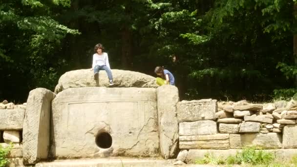 Toeristen, het verkennen van de oude dolmen, fotograferen op de telefoon voor sociale netwerken. Uitzicht op de oude gebouw dolmen tussen bomen, 4k. achtergrond vervagen — Stockvideo