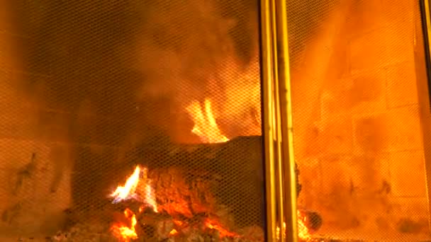 Close-up, 4k, vuur en rook in de open haard door middel van een beschermend gaas voor de open haard. — Stockvideo