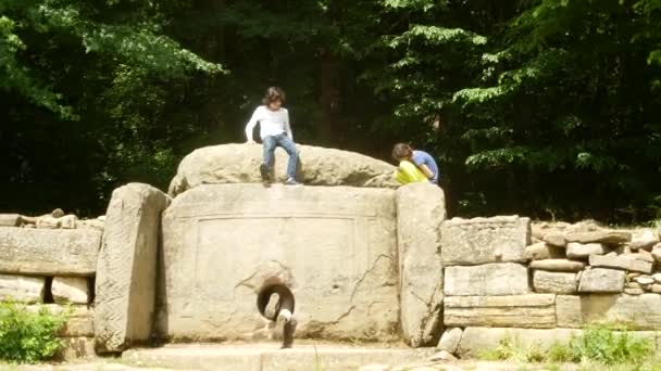 Turisti, esplorando l'antico dolmen, scattare foto al telefono per i social network. Veduta dell'antico edificio dolmen tra gli alberi, 4k. sfocatura sfondo — Video Stock