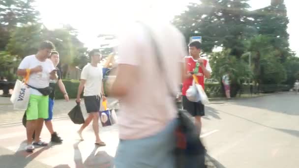 SOCHI, RUSIA 16 de junio de 2018: FIFA 2018. Los aficionados al fútbol caminan en el parque junto al puerto. 4k . — Vídeo de stock