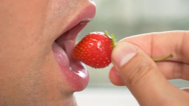 Gros plan. lèvres masculines de profil. sexy hommes lèvres mangent des fraises. 4k, au ralenti . — Video