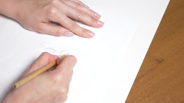 Al rallentatore. 4k, primo piano, vista dall'alto. una mano femminile disegna con una matita. disegno di una ragazza in un vestito . — Video Stock