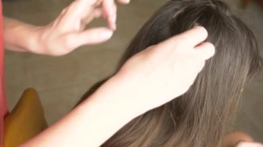 Yakın çekim. 4k, ağır çekim. Eller, üzerinde kahverengi saçlı kafa bitleri bulmak. pediculosis tedavisinde.