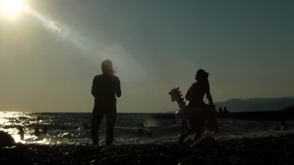 Silhouette a felismerhetetlen a boldog emberek, akik játszanak a strandon a naplementekor. — Stock videók