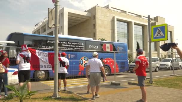 Soçi, Adler, Rusya Federasyonu - 26 Haziran 2018: FIFA 2018. Peru ve Avustralya milli takımının futbol taraftarları Olimpiyat Köyü Fisht Stadyumu'nda maç olacak. 4k, yazı işleri — Stok video