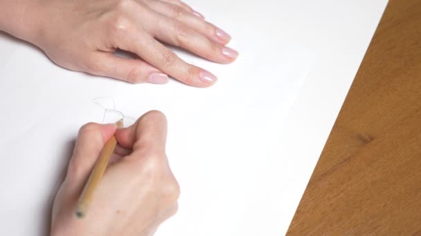 Une main féminine dessine le portrait d'une fille. 4k, gros plan. Au ralenti. vue d'en haut . — Video