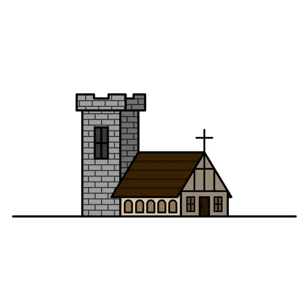 Vintage Medieval Historical House e uma torre de pedra. Ilustração. Gráficos vetoriais —  Vetores de Stock