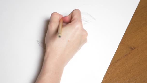 une main féminine dessine le portrait d'une fille. 4k, gros plan. Au ralenti. vue d'en haut .