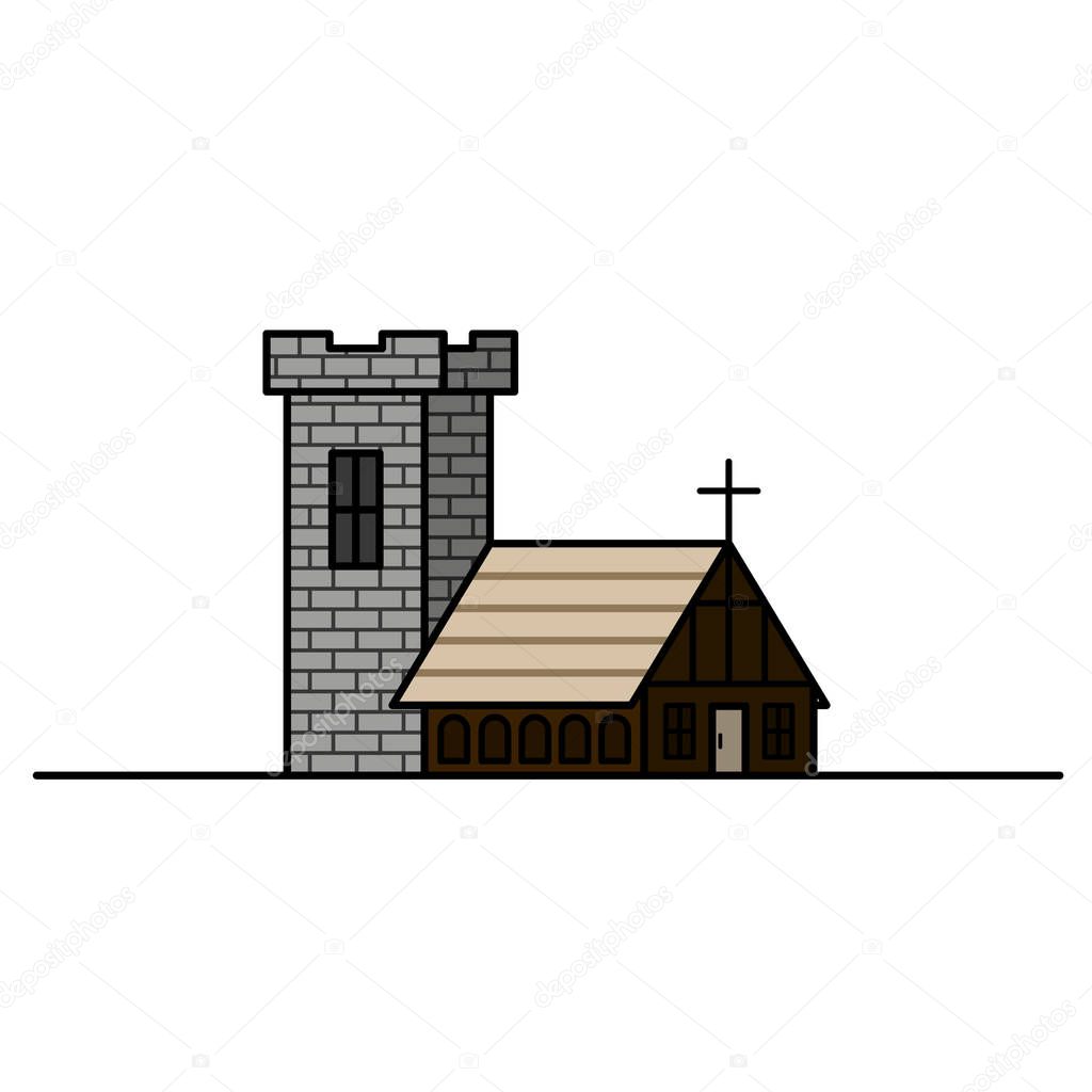 Vintage Medieval Historical House and a stone tower. Illustration. Vector graphics