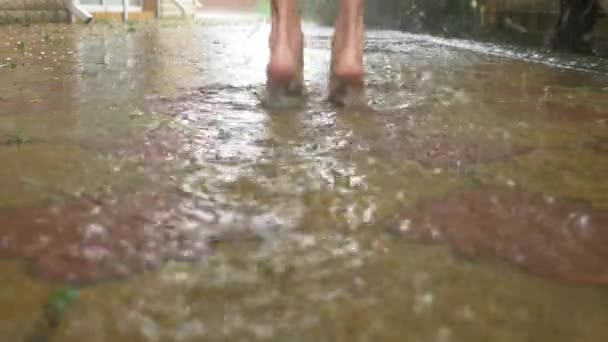 Musim panas hujan. Kaki lengkung berjalan melalui genangan air. Hujan yang hangat. Hujan menetes. 4k, gerak lambat — Stok Video