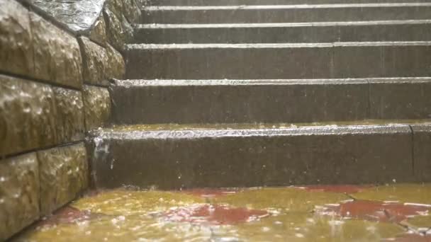 Des ruisseaux d'eau coulent sur les marches des escaliers du parc sous une pluie battante. Au ralenti. 4k . — Video