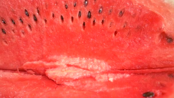 Konsistens av färsk mogen vattenmelon. Makro nära upp, ovanifrån 4k — Stockvideo