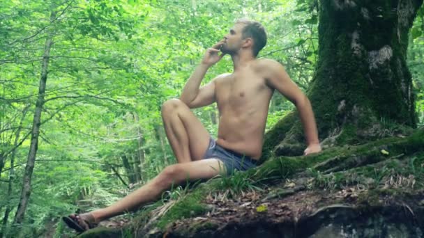 Junges Paar ruht sich im Park unter dem Baum aus — Stockvideo