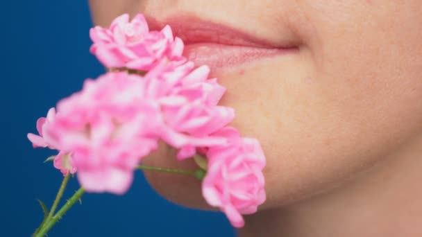 Gros plan, lèvres féminines sans maquillage, la fille renifle les roses. sur fond bleu. 4k, au ralenti — Video