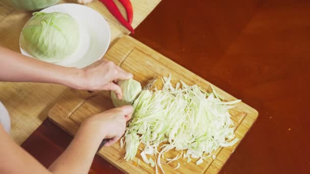 Vrouwelijke handen snij kool met een mes. mengsel van groenten voor het koken van groente stoofpot. Bekijk van bovenaf. 4k, het concept van gezond eten en oogsten. — Stockvideo