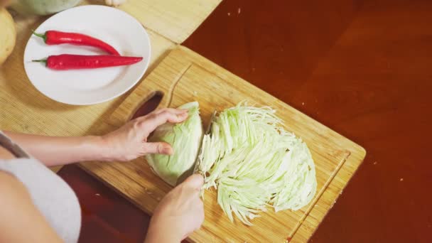 Жіночі руки нарізають капусту ножем. суміш овочів для приготування овочевого рагу. вид зверху. 4k, концепція здорового харчування та збирання . — стокове відео