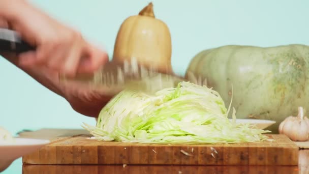 女性の手がナイフでキャベツを切る。野菜のシチューを料理用の野菜の混合物。背景色です。4 k、健康的な食事と収穫の概念. — ストック動画