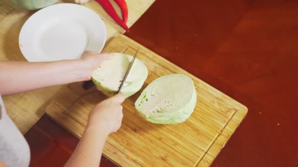 Le mani femminili tagliano il cavolo con un coltello. miscela di verdure per la cottura di stufato di verdure. vista dall'alto. 4k, il concetto di sana alimentazione e raccolta . — Video Stock