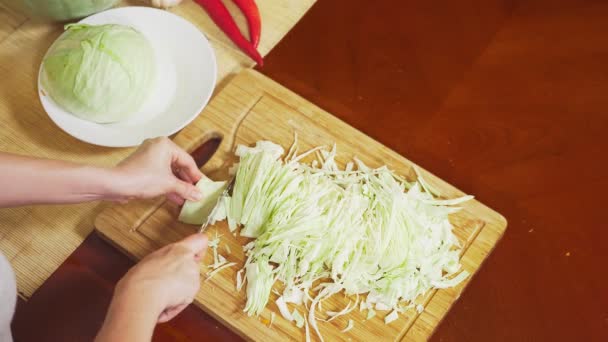Vrouwelijke handen snij kool met een mes. mengsel van groenten voor het koken van groente stoofpot. Bekijk van bovenaf. 4k, het concept van gezond eten en oogsten. — Stockvideo