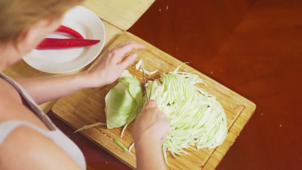 Las manos femeninas cortan la col con un cuchillo. mezcla de verduras para cocinar estofado de verduras. vista desde arriba. 4k, el concepto de alimentación saludable y cosecha . — Vídeos de Stock