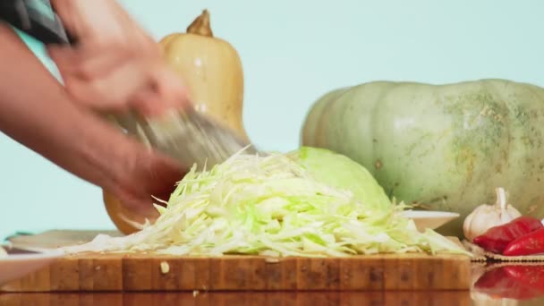 Vrouwelijke handen snij kool met een mes. mengsel van groenten voor het koken van groente stoofpot. de kleur van de achtergrond. 4k, het concept van gezond eten en oogsten. — Stockvideo