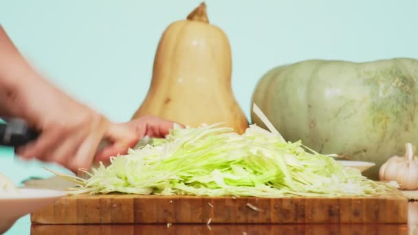 女性の手がナイフでキャベツを切る。野菜のシチューを料理用の野菜の混合物。背景色です。4 k、健康的な食事と収穫の概念. — ストック動画